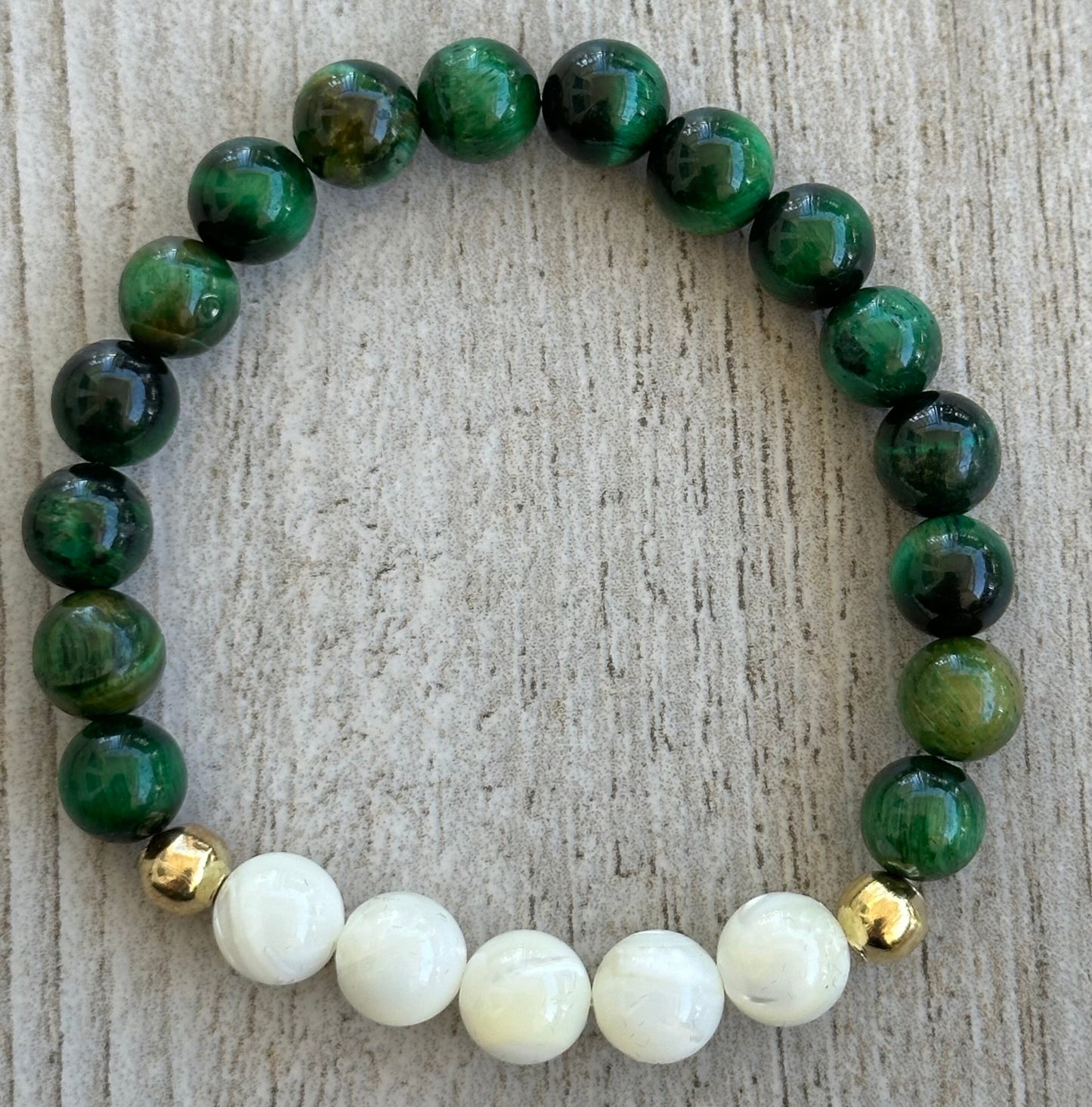 Peace, Love, Anxiety, Spiritual Growth, Balance, Heart Chakra, Stability, Courage, Strength, Green Tiger Eye Stretch Bracelet, 6.5”