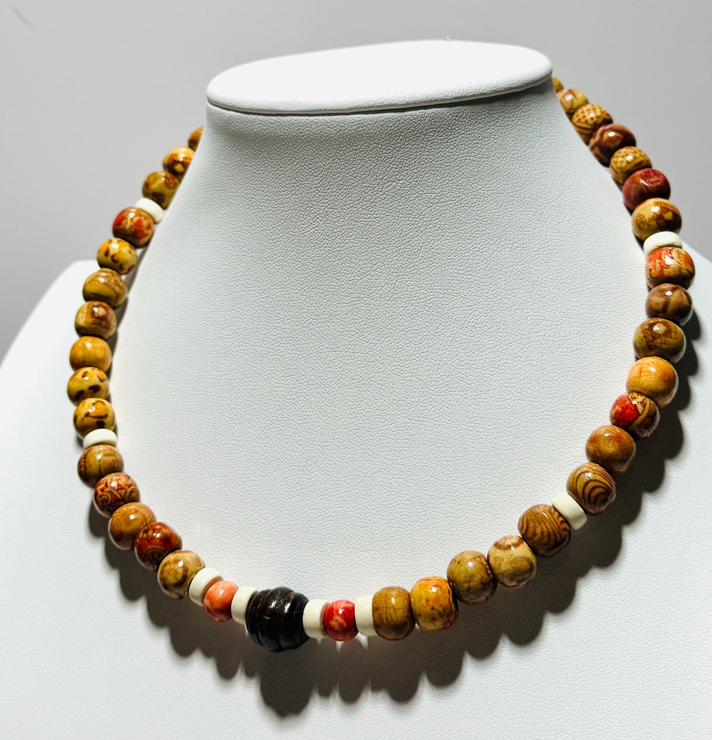 Beaded Necklace, Wood Necklace, Choker Necklace with Wood Beads, Bone, 3” Chain Extender, 17”, Gift for Her
