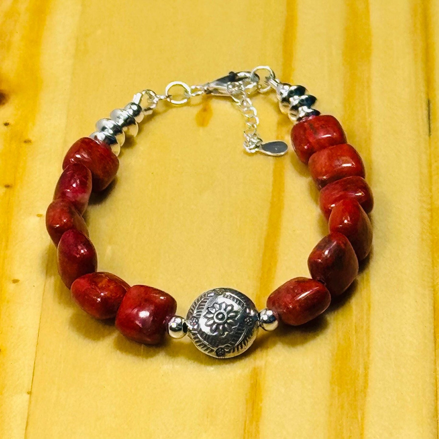 925 Sterling Silver Bracelet – Natural Apple Coral, Adjustable, Handcrafted, Karen Hill Tribe Sterling Silver Floral Centerpiece 7” - 8.25”