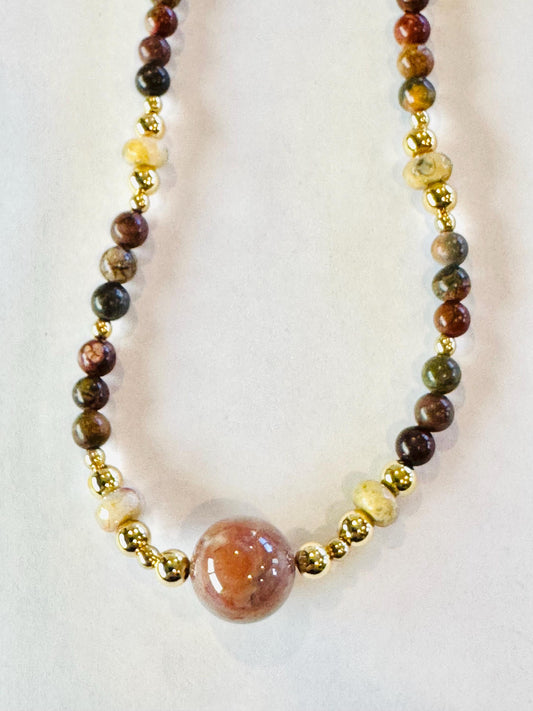 Picasso Jasper Necklace, Crazy Lace Agate Rondelles, 16mm Agate Centerpiece, Semi Precious Gemstone, Beads, Gift for Her, 34”, Encouragement