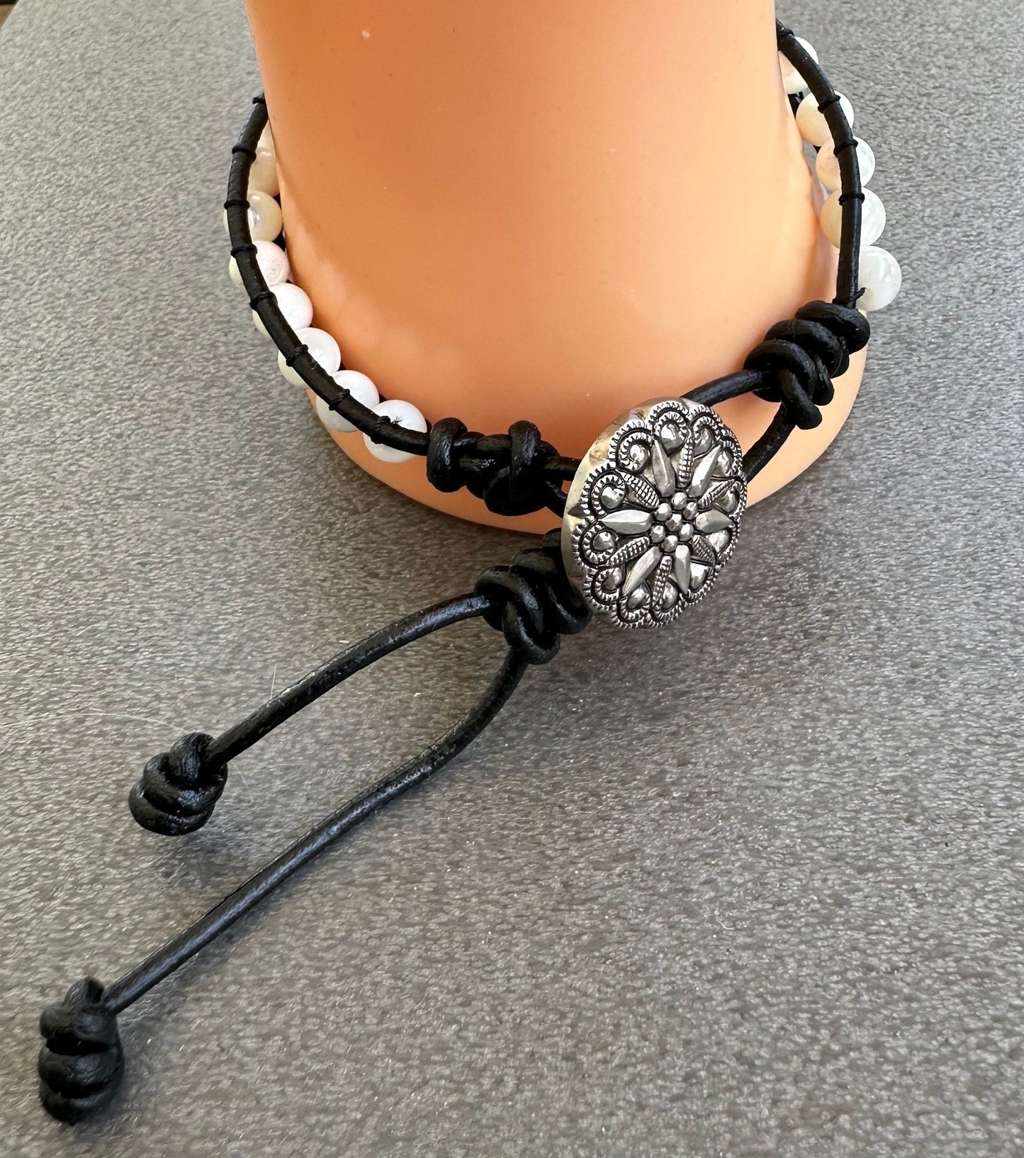 Stunning White Mother of Pearl Shell Black Leather Trim Bracelet 7 3/4” - 8” Wrist Prosperity Courage Grit Energy Gift