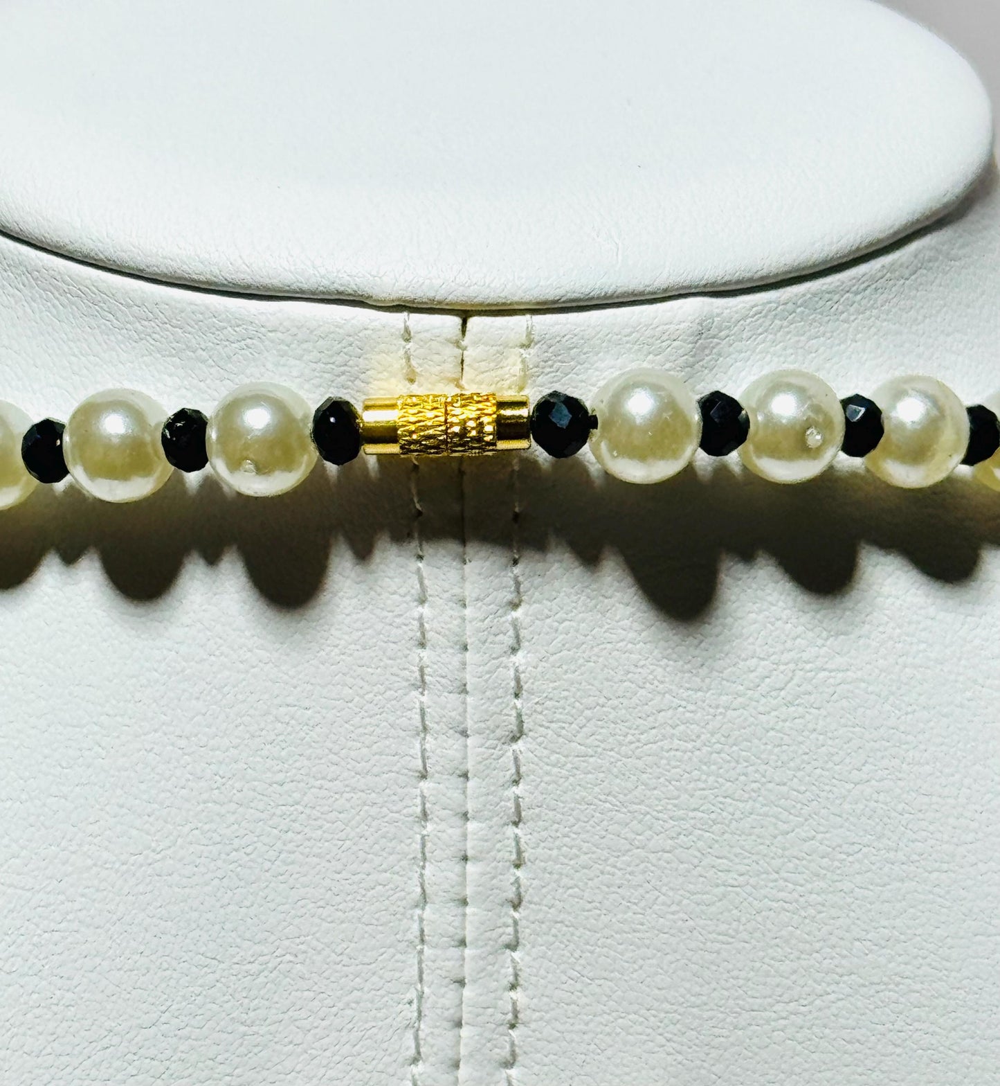 Beaded Pendant Necklace, Pearl Choker Pendant Necklace, Large Pearl & Faceted Black Beads Pendant, Rhinestone Rondelles, 17”, Gift for Her
