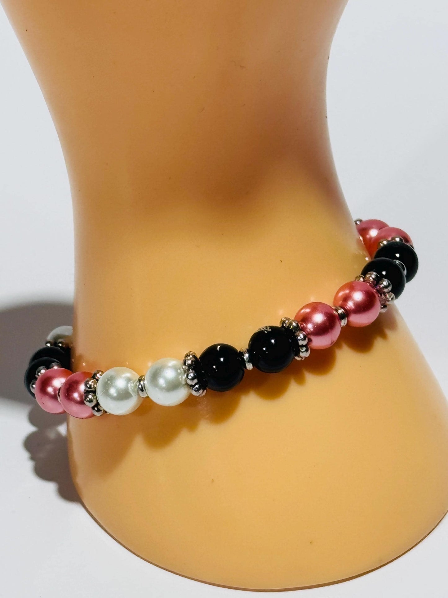 Black Onyx Stretch Bracelet, Pearl Stretch Bracelet, Minimalist, Boho, Beaded, Handmade, Strength, Confidence, New Beginning, Resilience, 7”