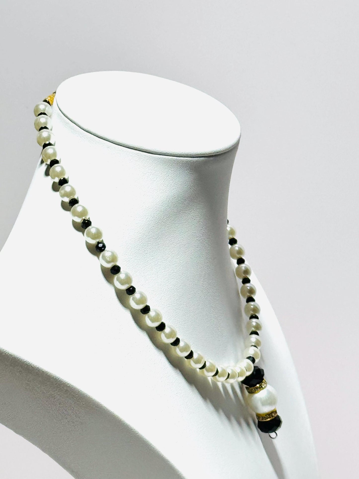 Beaded Pendant Necklace, Pearl Choker Pendant Necklace, Large Pearl & Faceted Black Beads Pendant, Rhinestone Rondelles, 17”, Gift for Her