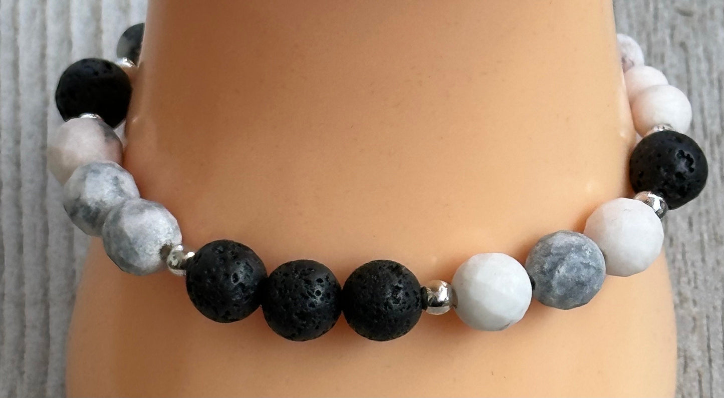 Anxiety Bracelet, Stress Bracelet, Empathy Bracelet, Peace Bracelet, Pink Zebra Jasper Bracelet, Black Lava Bracelet, Essential Oil, 6.5”