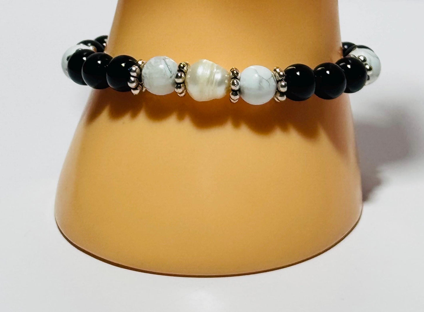 Natural Black Onyx Bracelet, Howlite Stretch Bracelet, Boho, Beaded, Pearl 6 1/2” Strength Confidence Beginnings Resilience Handmade