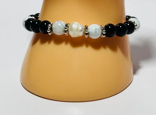 Natural Black Onyx Bracelet, Howlite Stretch Bracelet, Boho, Beaded, Pearl 6 1/2” Strength Confidence Beginnings Resilience Handmade