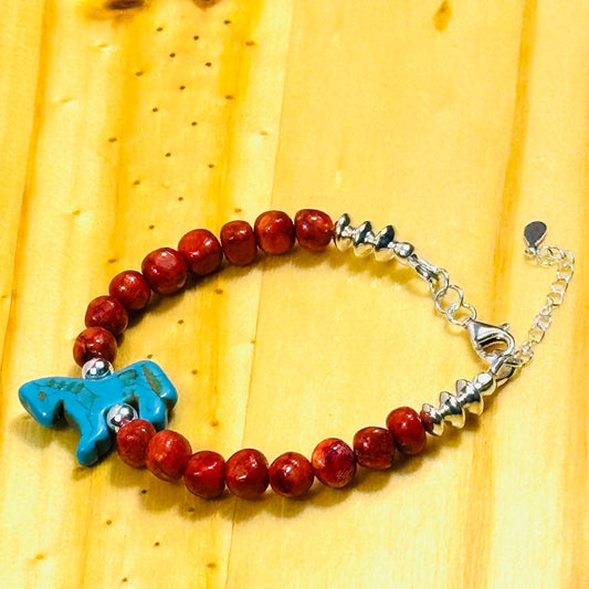 Handcrafted 925 Sterling Silver Bracelet – Apple Coral, Howlite-Turquoise Double Carved Stone Horse, Adjustable, Extender Chain 6” - 7.5”