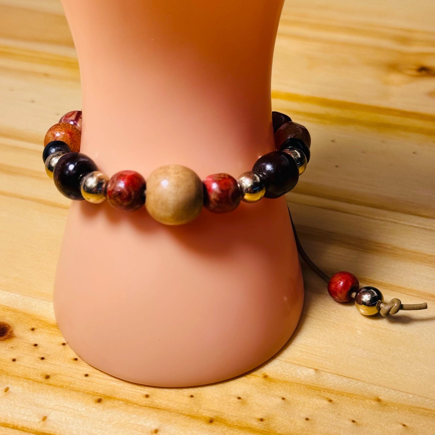 Biker Wood Bracelet, Adjustable Wood Motorcycle Bracelet, Wood Bracelet, Leather Cord, 6” - 9 1/2”