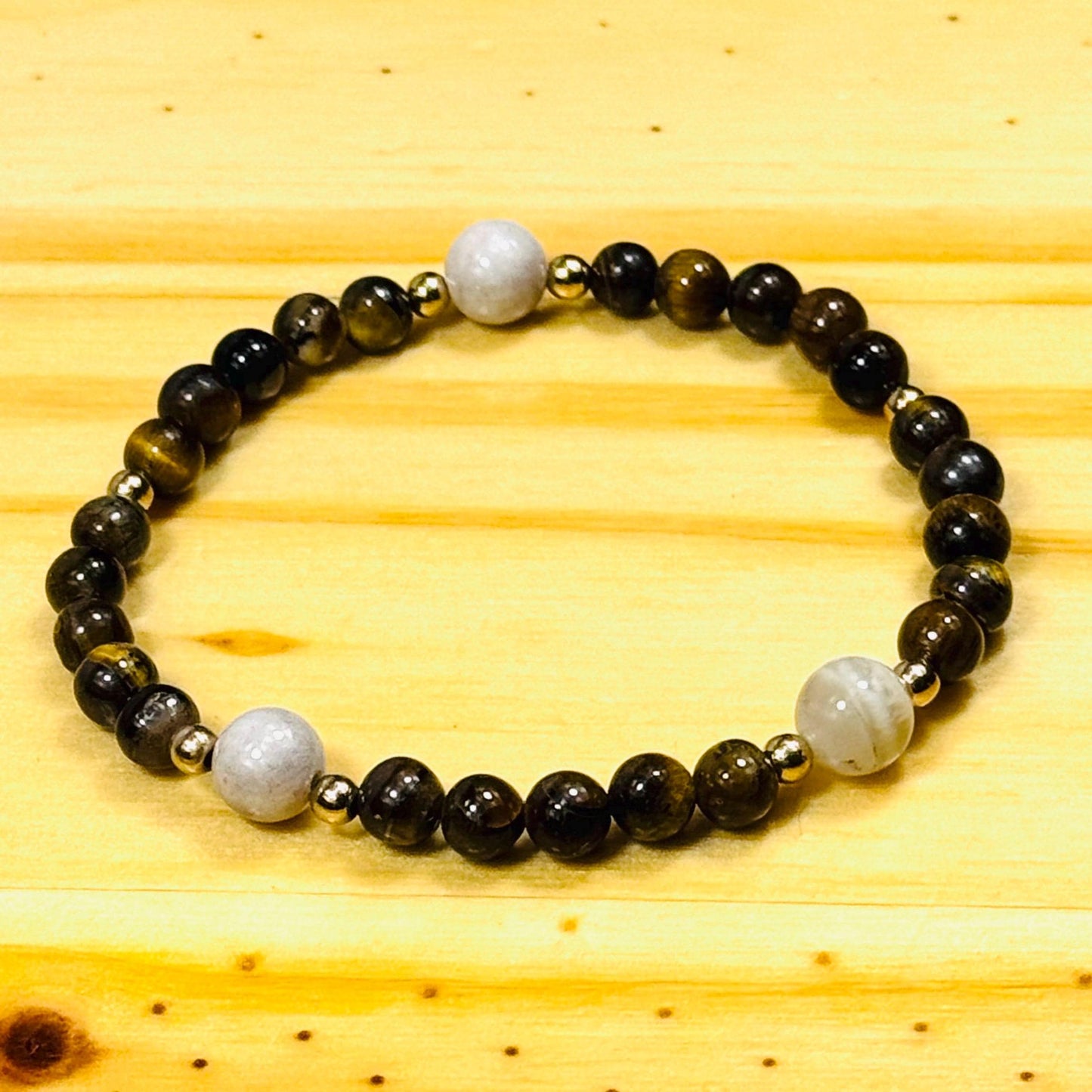 Natural Tiger Eye Bracelet, Brown Tiger Eye Bracelet, Stretch Bracelet, Agate Highlights, Boho, Beaded, Bohemian, Stacking, Gift, 7.5”