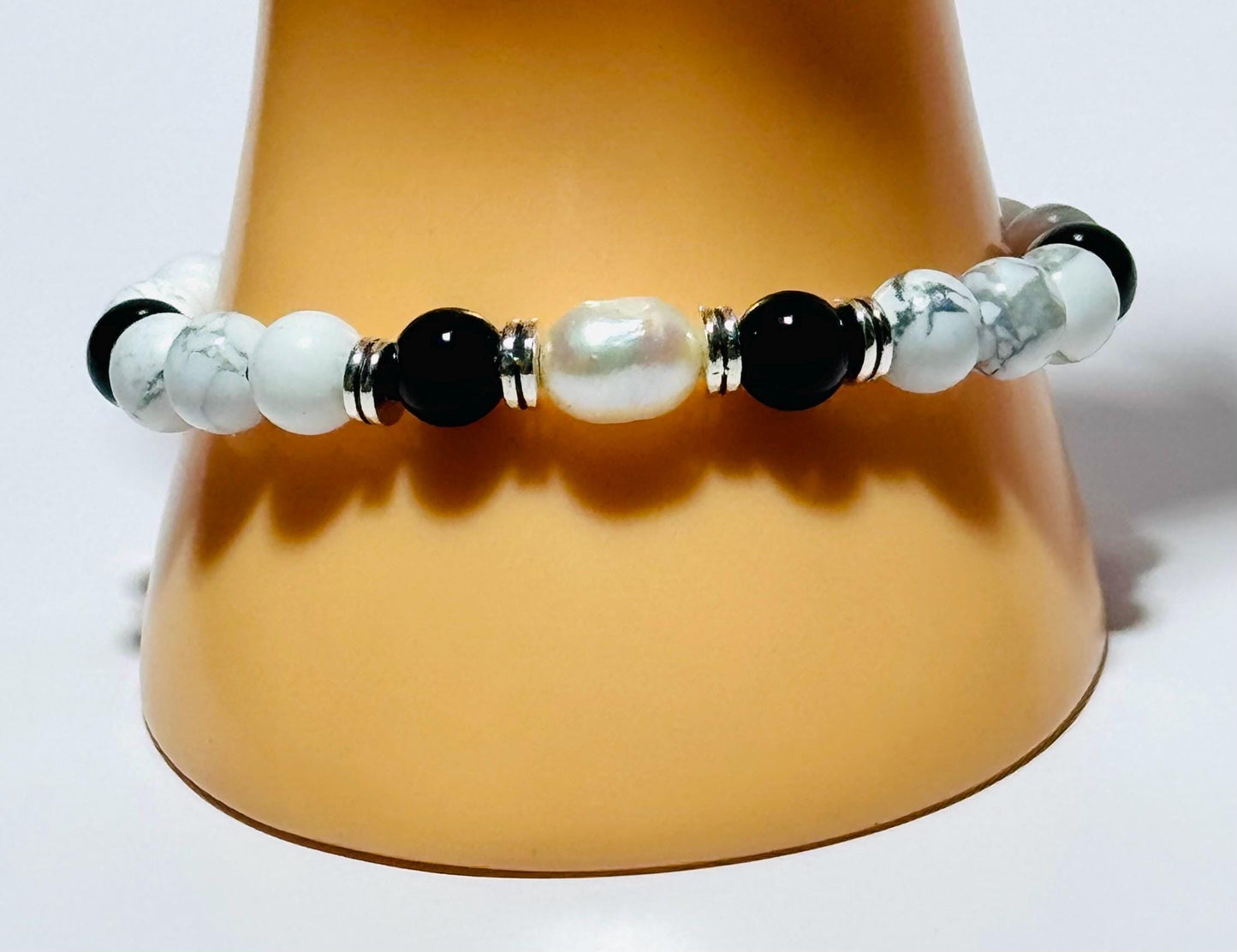Natural Howlite Bracelet, Black Onyx & Potato Pearl Bracelet, Stacking, Boho, Bracelet, Gift, Bohemian, 7 1/2” Handmade, Beaded, Gemstones