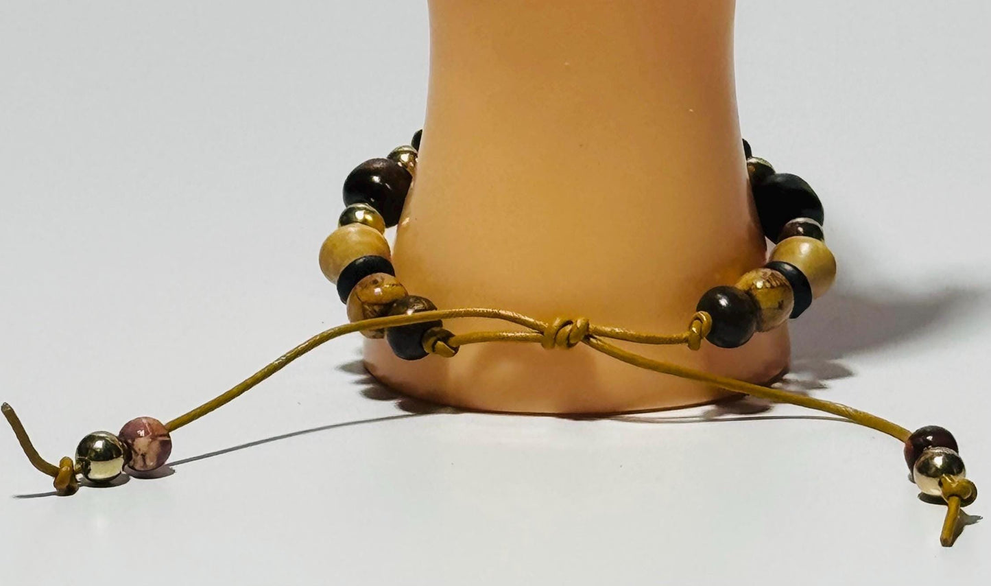 Adjustable Wood Bracelet, Biker Wood Bracelet, Wood Motorcycle Bracelet, Boho Bracelet, Minimalist, Leather Cord 7 1/2” - 10”