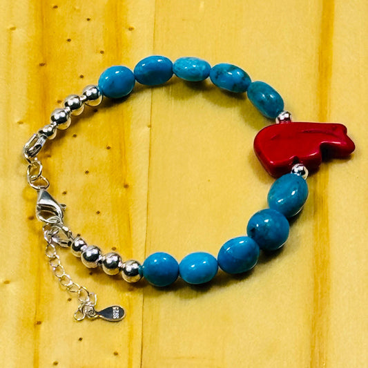 Handcrafted 925 Sterling Silver Bracelet – Apple Coral, Howlite-Turquoise Double Carved Stone Bear, Adjustable, Extender Chain 6.25” - 7.5”