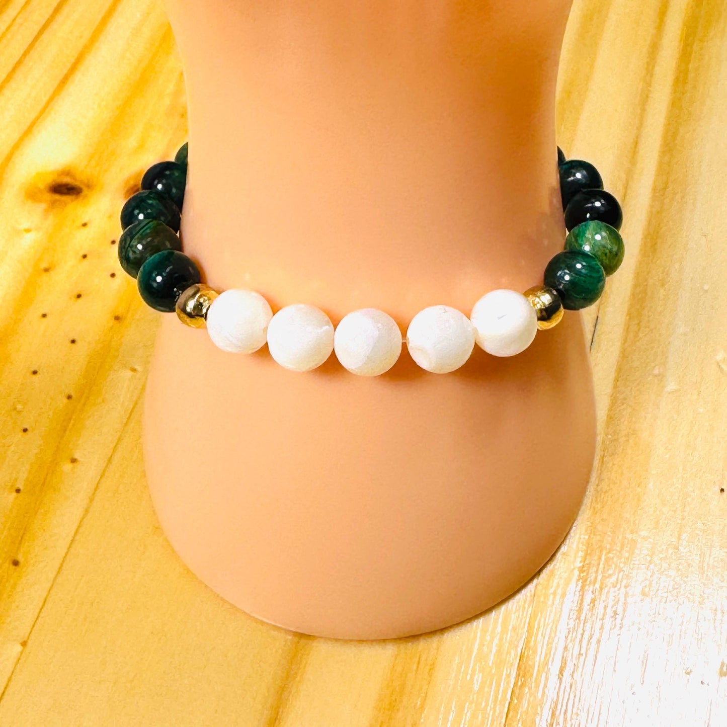 Peace, Love, Anxiety, Spiritual Growth, Balance, Heart Chakra, Stability, Courage, Strength, Green Tiger Eye Stretch Bracelet, 6.5”