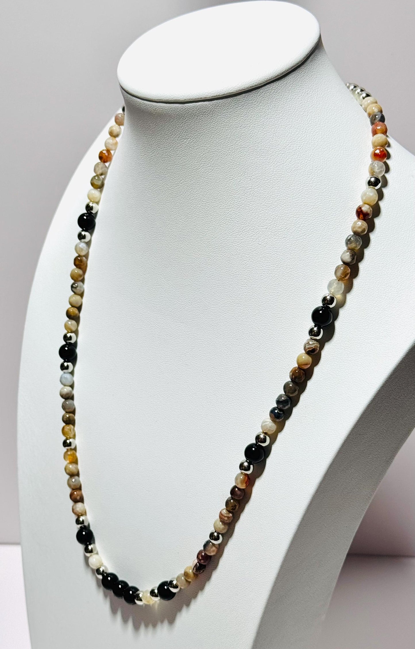 Fire Agate Necklace, Minimalist, Boho, Black Onyx Necklace, Handmade, Gift for Her, 25” Semi Precious Gemstones, Courage, Creativity