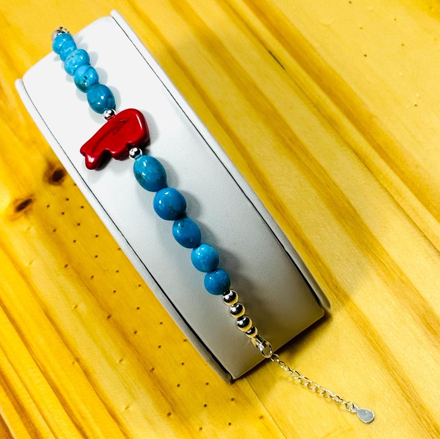 Handcrafted 925 Sterling Silver Bracelet – Apple Coral, Howlite-Turquoise Double Carved Stone Bear, Adjustable, Extender Chain 6.25” - 7.5”