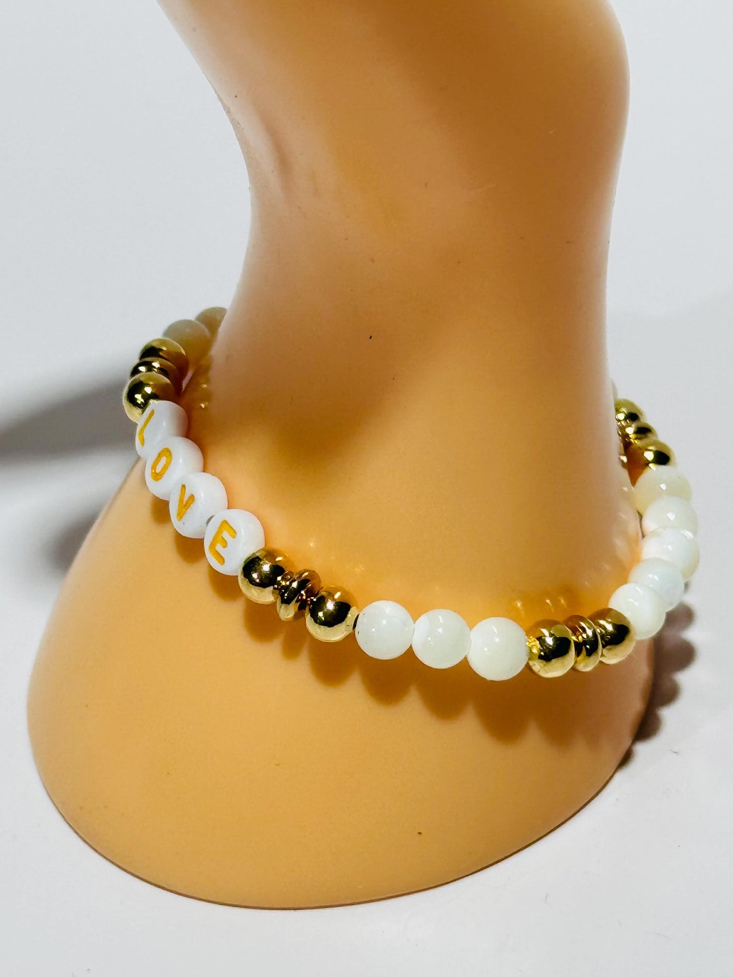 Love Charm Stretch Bracelet, Mother of Pearl Bracelet, Boho, Stacking, Prosperity Intuition Imagination Handmade Beaded Holiday Gift 7”