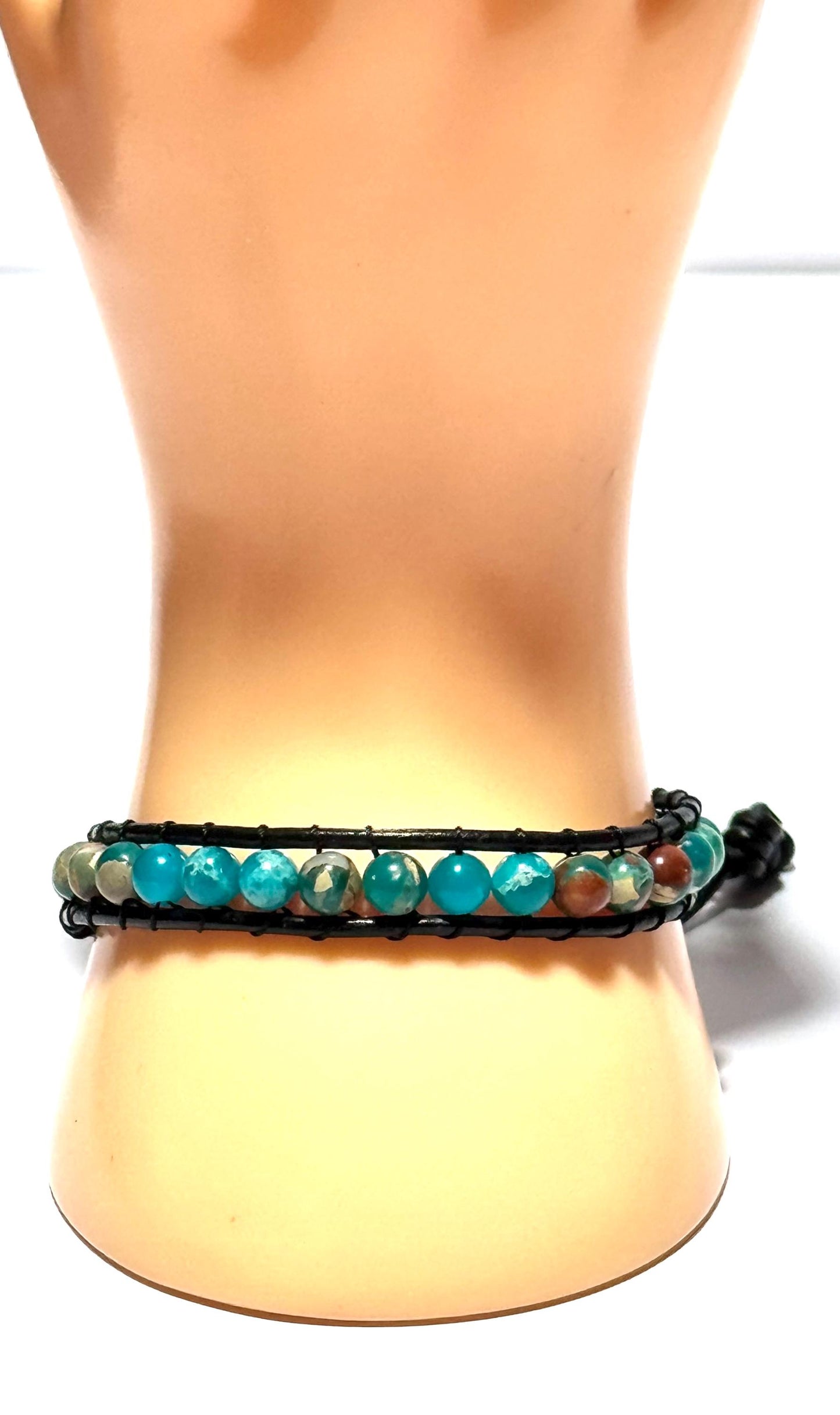 Peace, Tranquility, Spiritual Growth, Strength, Healing, Root & Heart Chakras, Imperial Jasper Leather Bracelet, Button Closure, 7” - 7.5”