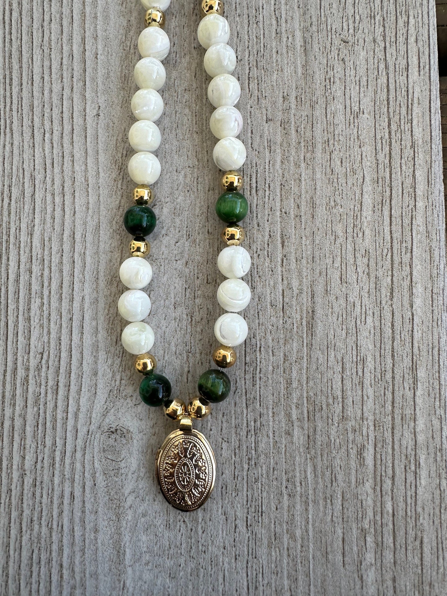 Mother of Pearl Pendant Necklace, Chunky, Boho, Locket Pendant, Gemstone Necklace, Gift for Her, Green Tiger Eye, Prosperity,  Courage, 26”