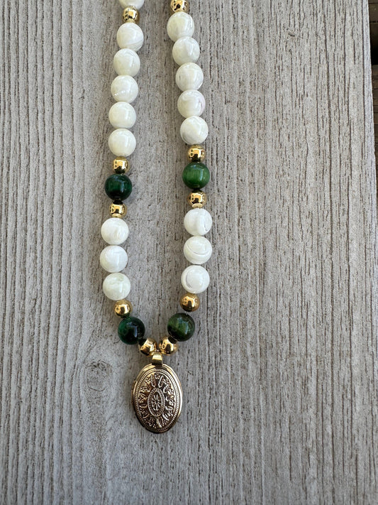 Mother of Pearl Pendant Necklace, Chunky, Boho, Locket Pendant, Gemstone Necklace, Gift for Her, Green Tiger Eye, Prosperity,  Courage, 26”