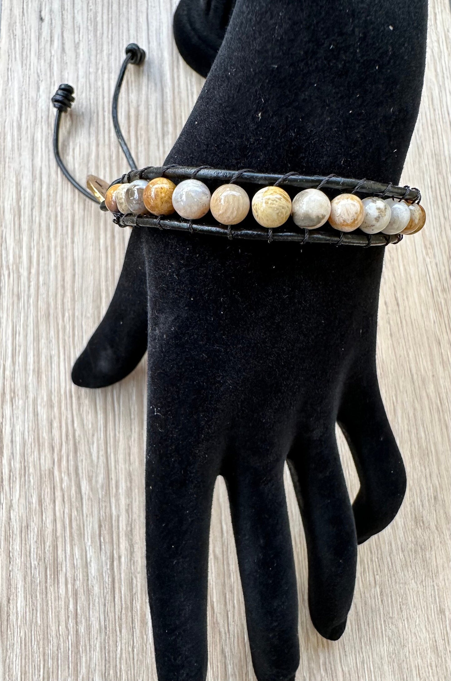 Crazy Lace Agate Bracelet, Black Leather Bracelet, Agate Bracelet, Boho, Minimalist, Snake Knots, Metal Flower Button Closure, Joy 7.5”