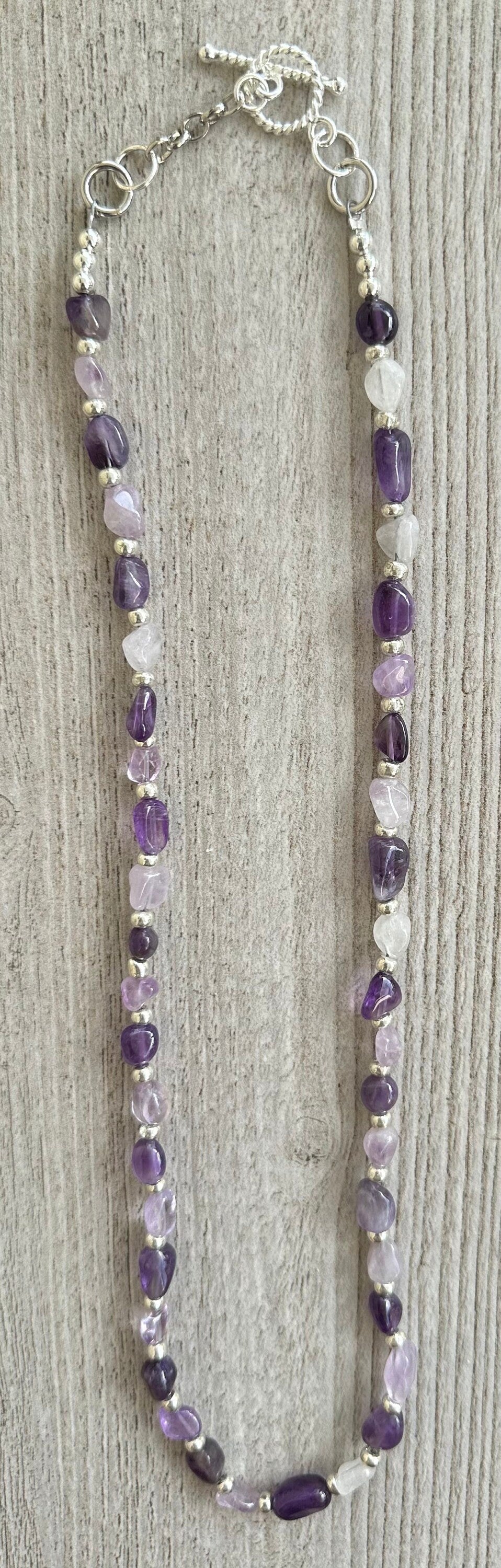 Amethyst  Necklace, Minimalist, Beaded Necklace, Gemstone Necklace, Mini Chunk Semi Precious Stones, Gift For Her, 22 1/2”, Peace, Tranquili