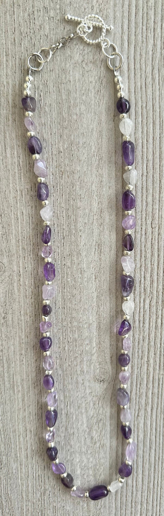 Amethyst  Necklace, Minimalist, Beaded Necklace, Gemstone Necklace, Mini Chunk Semi Precious Stones, Gift For Her, 22 1/2”, Peace, Tranquili