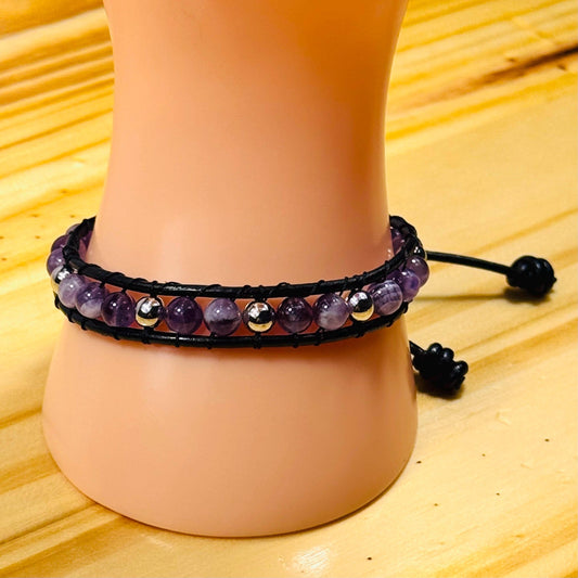 Calming, Anxiety, Tranquility, Protection, Negativity, Fear, Emotional Balance, Amethyst Bracelet, Black Leather,Button Closure, 7”-7.5”