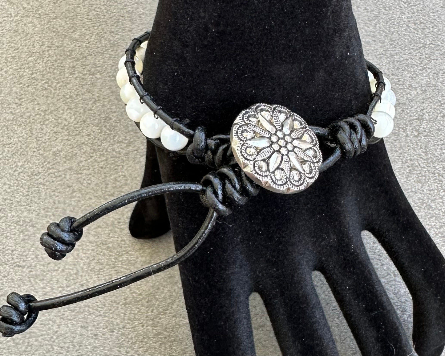 Stunning White Mother of Pearl Shell Black Leather Trim Bracelet 7 3/4” - 8” Wrist Prosperity Courage Grit Energy Gift
