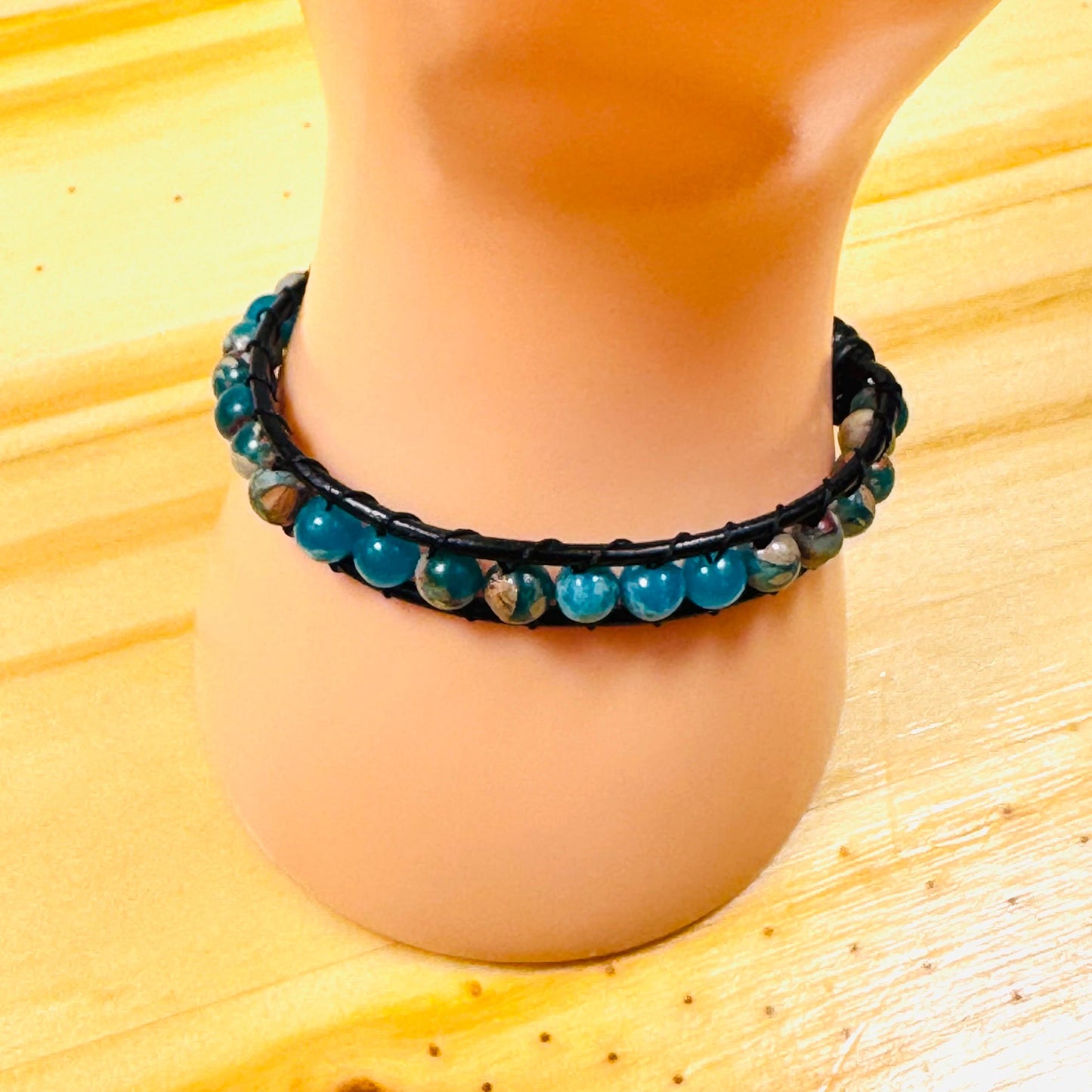 Peace, Tranquility, Spiritual Growth, Strength, Healing, Root & Heart Chakras, Imperial Jasper Leather Bracelet, Button Closure, 7” - 7.5”