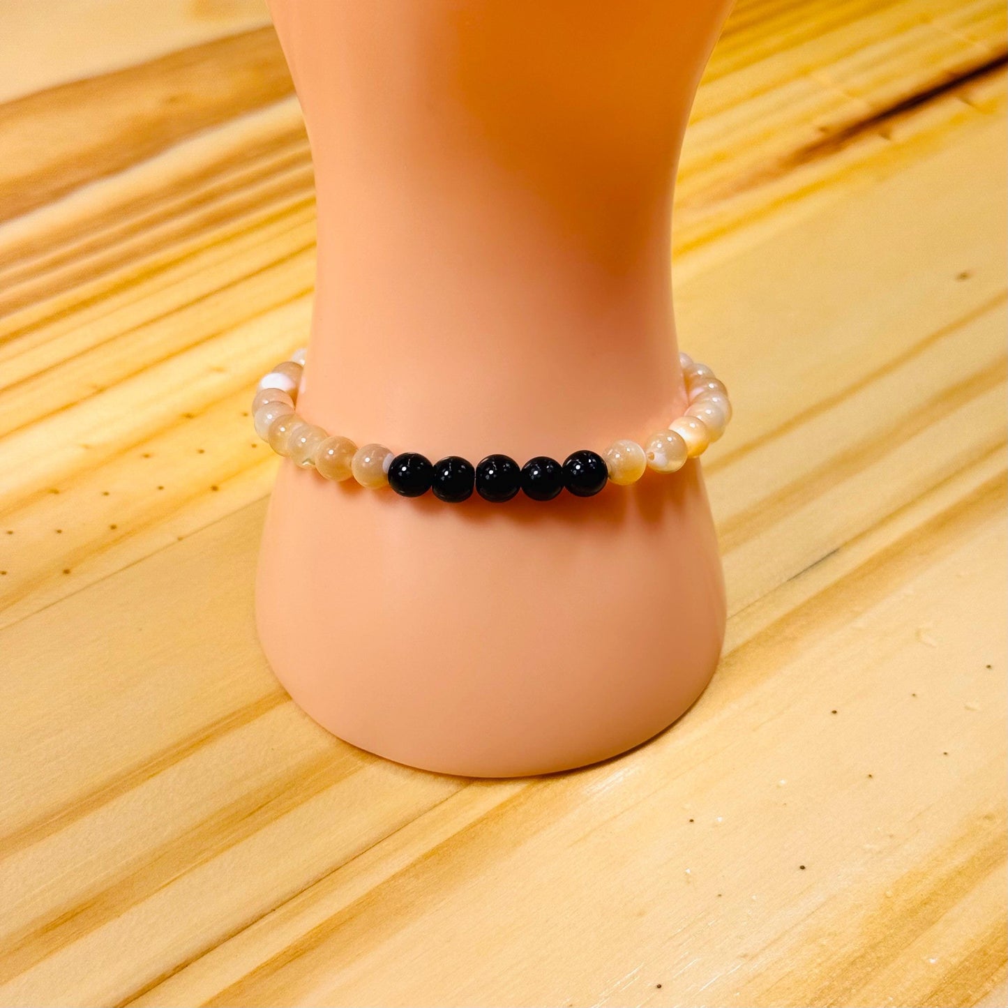 Perseverance, Love, Healing, Peace, Anxiety, Heart Chakra, Mother of Pearl Stretch Bracelet, Black Onyx Bracelet, Boho, Minimalist, 6.75”
