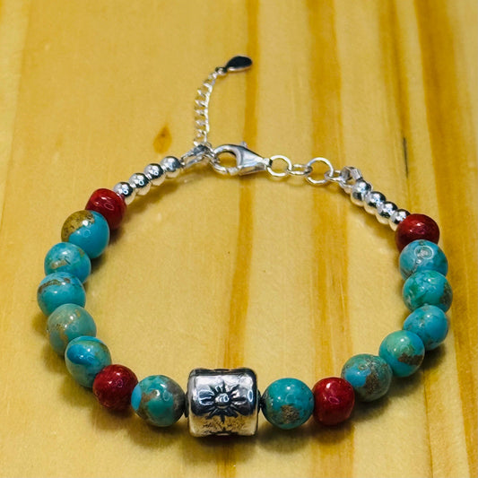 Handcrafted 925 Sterling Silver Bracelet – Kingman Turquoise AAA Blue/Green, Apple Coral Sun Centerpiece, Chain Extender   6.5” - 8”