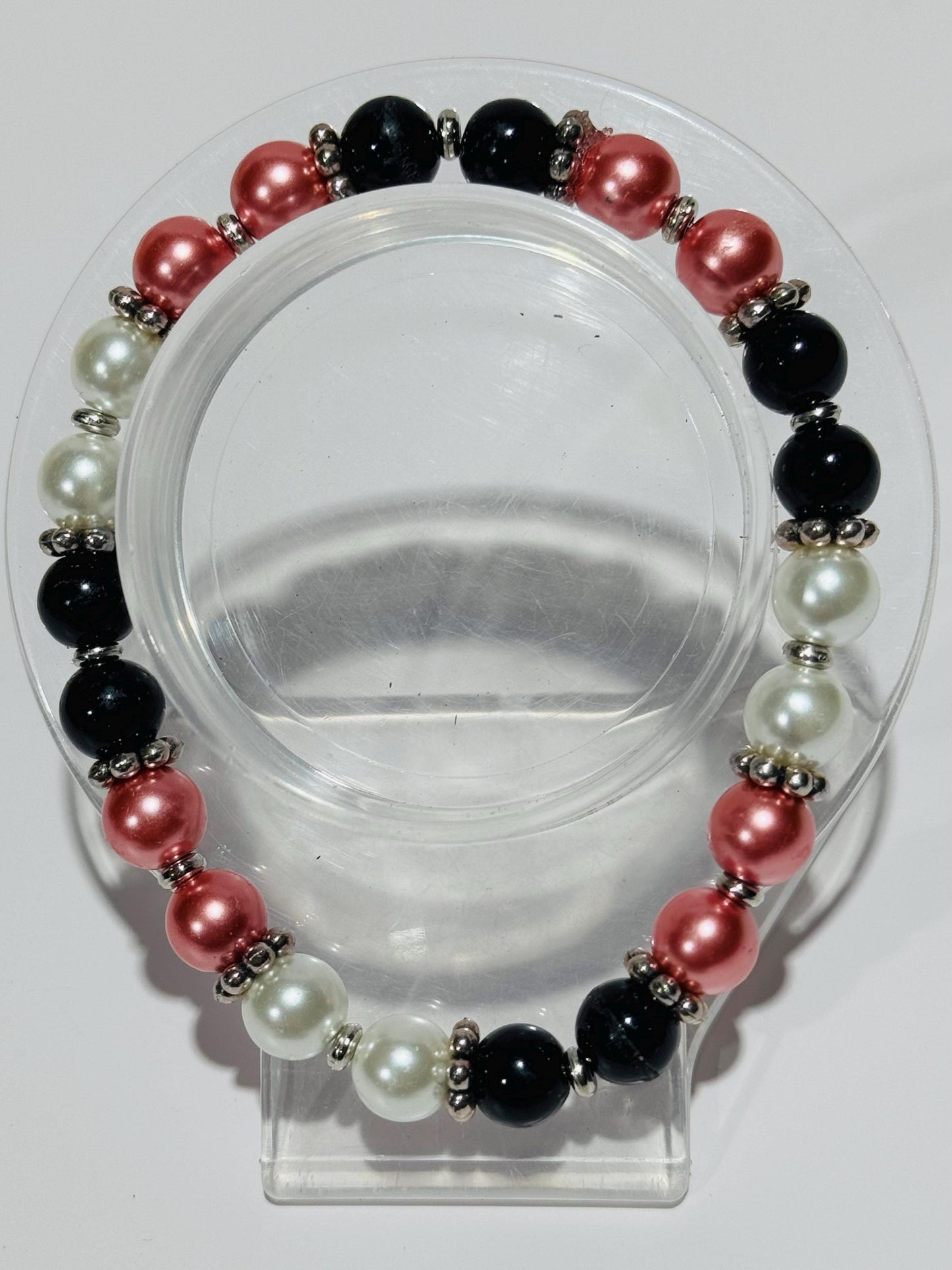 Black Onyx Stretch Bracelet, Pearl Stretch Bracelet, Minimalist, Boho, Beaded, Handmade, Strength, Confidence, New Beginning, Resilience, 7”