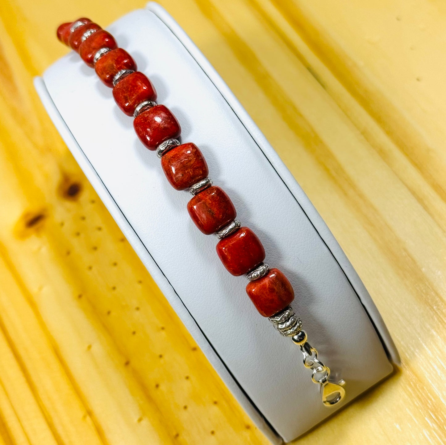 925 Sterling Silver Bracelet – Natural Apple Coral, Adjustable, Handcrafted, Karen Hill Tribe Sterling Eye Imprint Spacer Beads 6.25” - 7.5”