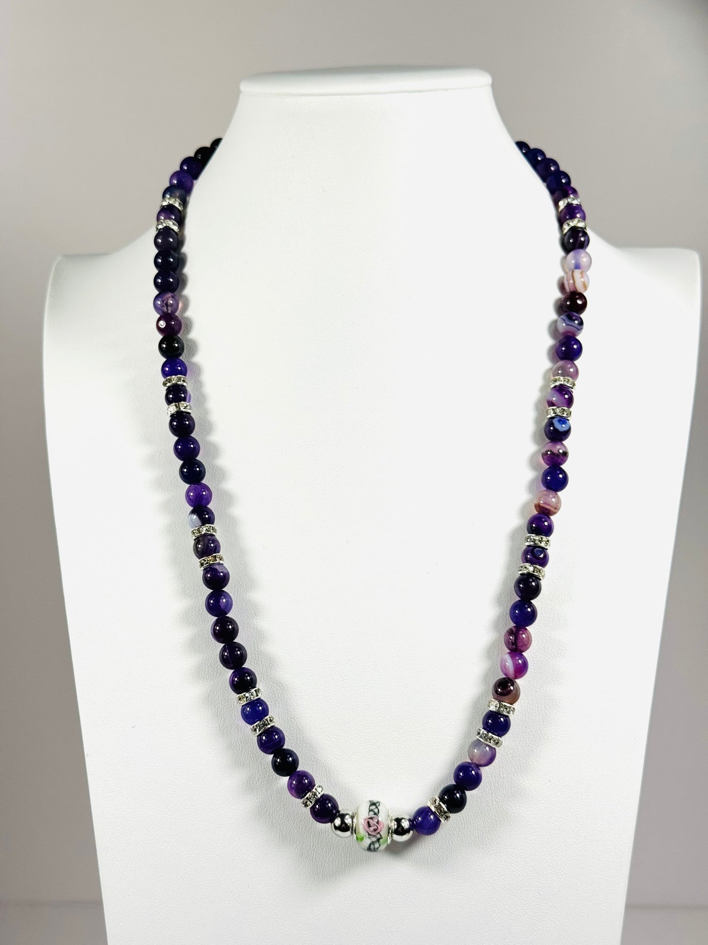 Purple Agate Necklace, Boho, Chunky, Gemstone, Beaded Necklace, Gift for Her, 25” Handmade,   Spiritually Enhancing Self Confidence Clarity