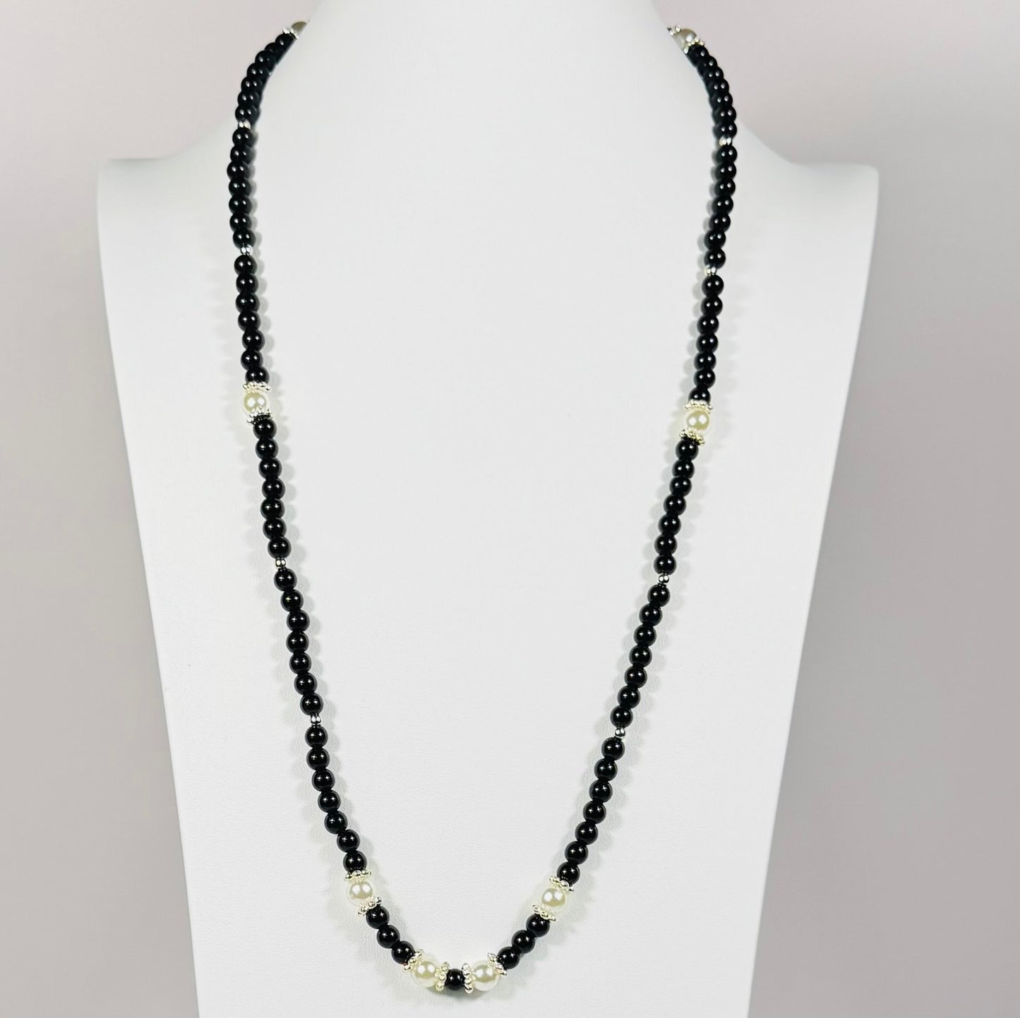 Black Onyx Beaded Necklace, Pearl Necklace, Beaded Necklace,  Healing Necklace, Handmade Necklace 28 3/4”, Strength, Confidence, Resilience