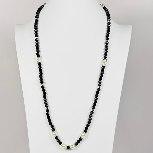 Black Onyx Beaded Necklace, Pearl Necklace, Beaded Necklace,  Healing Necklace, Handmade Necklace 28 3/4”, Strength, Confidence, Resilience