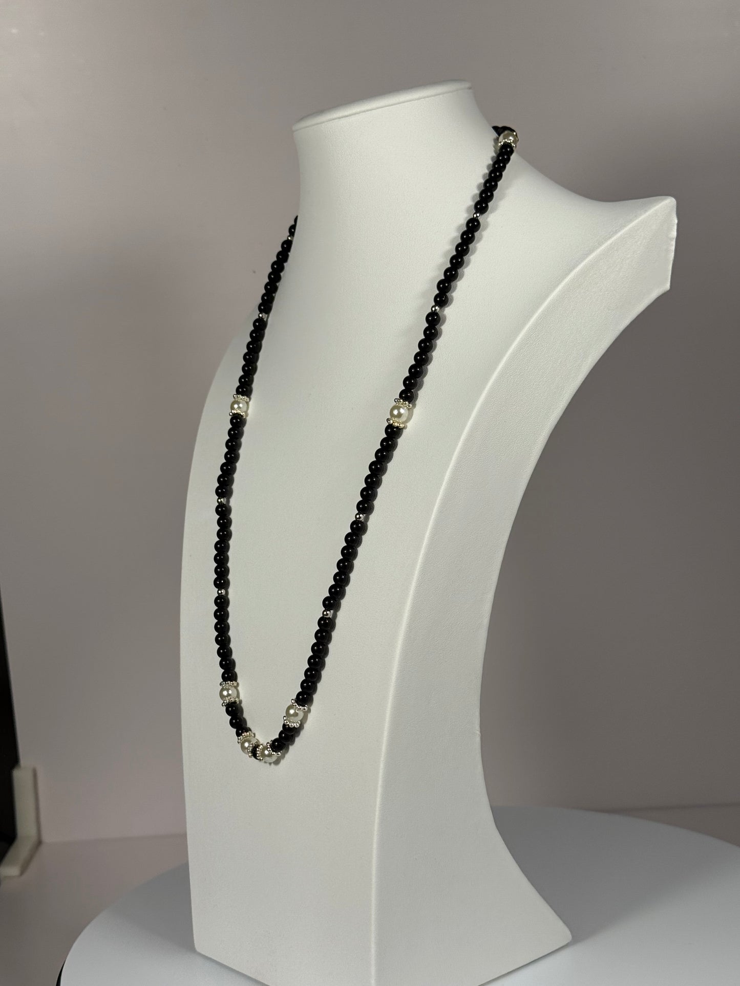 Black Onyx Beaded Necklace, Pearl Necklace, Beaded Necklace,  Healing Necklace, Handmade Necklace 28 3/4”, Strength, Confidence, Resilience