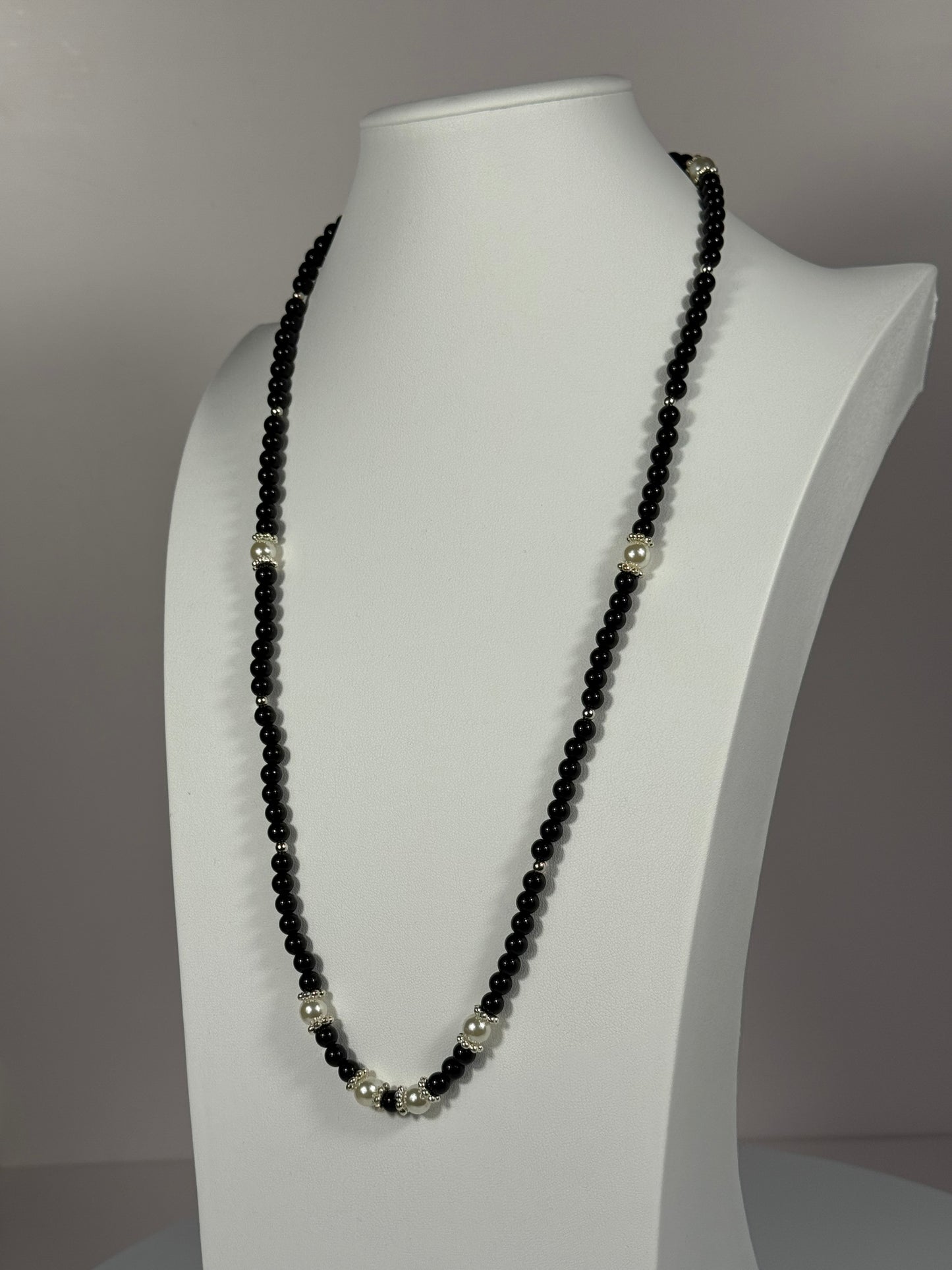 Black Onyx Beaded Necklace, Pearl Necklace, Beaded Necklace,  Healing Necklace, Handmade Necklace 28 3/4”, Strength, Confidence, Resilience