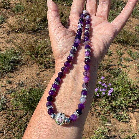 Purple Agate Necklace, Boho, Chunky, Gemstone, Beaded Necklace, Gift for Her, 25” Handmade,   Spiritually Enhancing Self Confidence Clarity