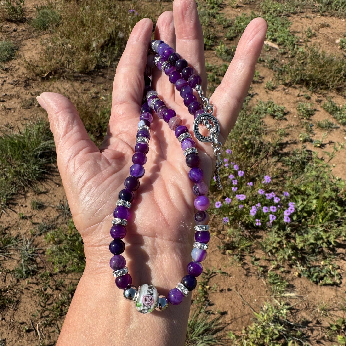 Purple Agate Necklace, Boho, Chunky, Gemstone, Beaded Necklace, Gift for Her, 25” Handmade,   Spiritually Enhancing Self Confidence Clarity