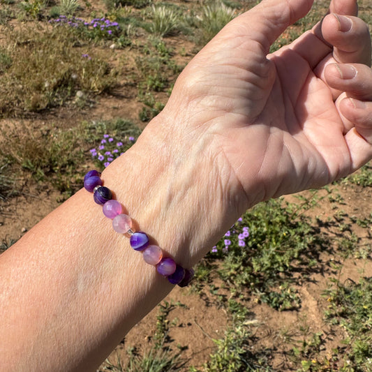 Banded Purple Agate Beaded Stretch Bracelet, Healing Bracelet, Protection Bracelet, Gemstone Bracelet, Empathy, Stress, Clarity, Sympathy,  6.5”