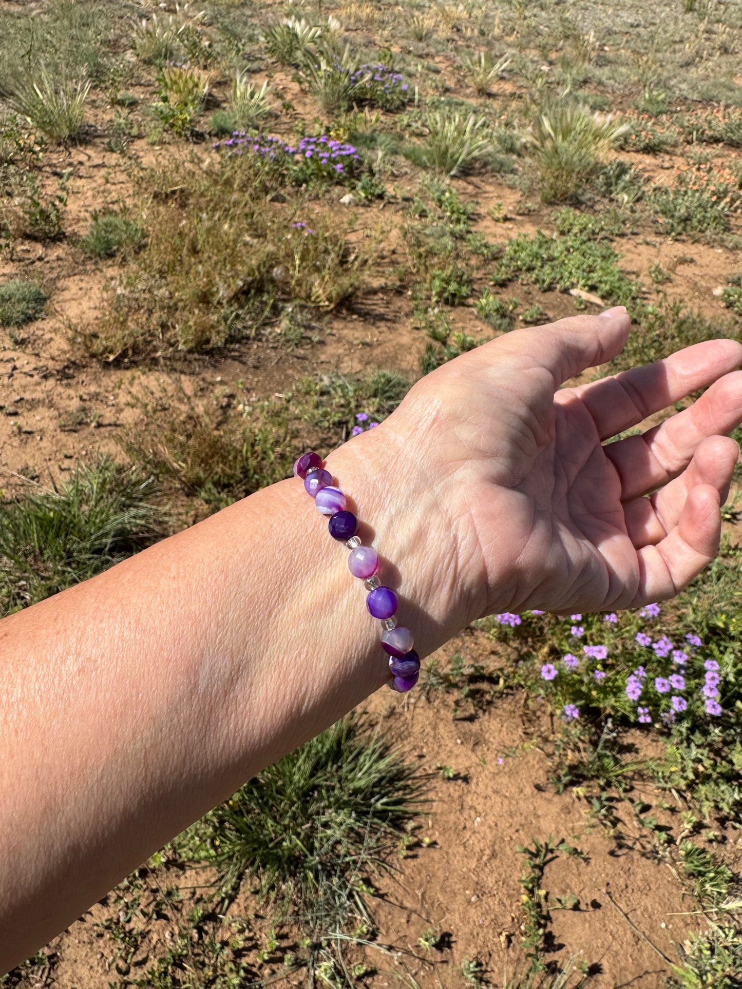 Natural Banded Purple Agate Stretch Bracelet, Minimalist Protection Bracelet, Anxiety Gemstone Bracelet, Stress, Boho Stacking Bracelet, 6.5”