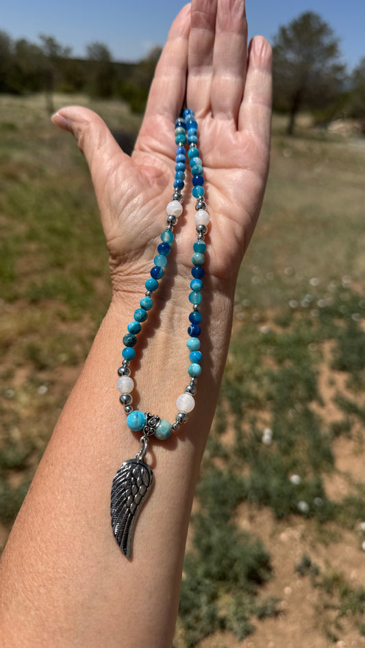 Blue Agate Angel Wing Pendant Beaded Necklace, Minimalist Healing Necklace, Gemstone Bracelet, Peace Necklace Strength 19"