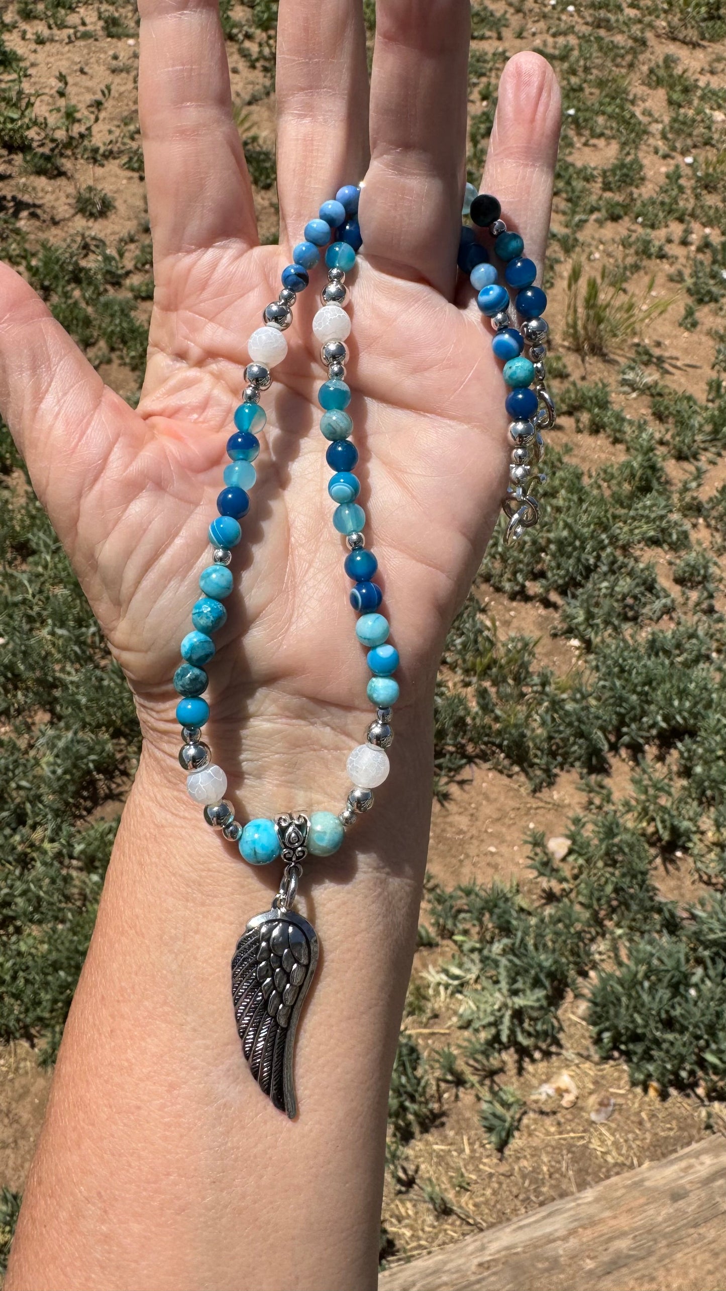Blue Agate Angel Wing Pendant Beaded Necklace, Minimalist Healing Necklace, Gemstone Bracelet, Peace Necklace Strength 19"