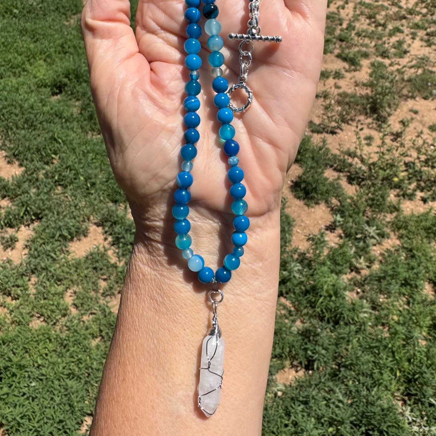 Blue Agate Pendant Necklace, Minimalist, Blue Agate Angel Wing Necklace, Boho, Gift for Her, 18”, Gemstones, Enhances Peace Strength (Copy)