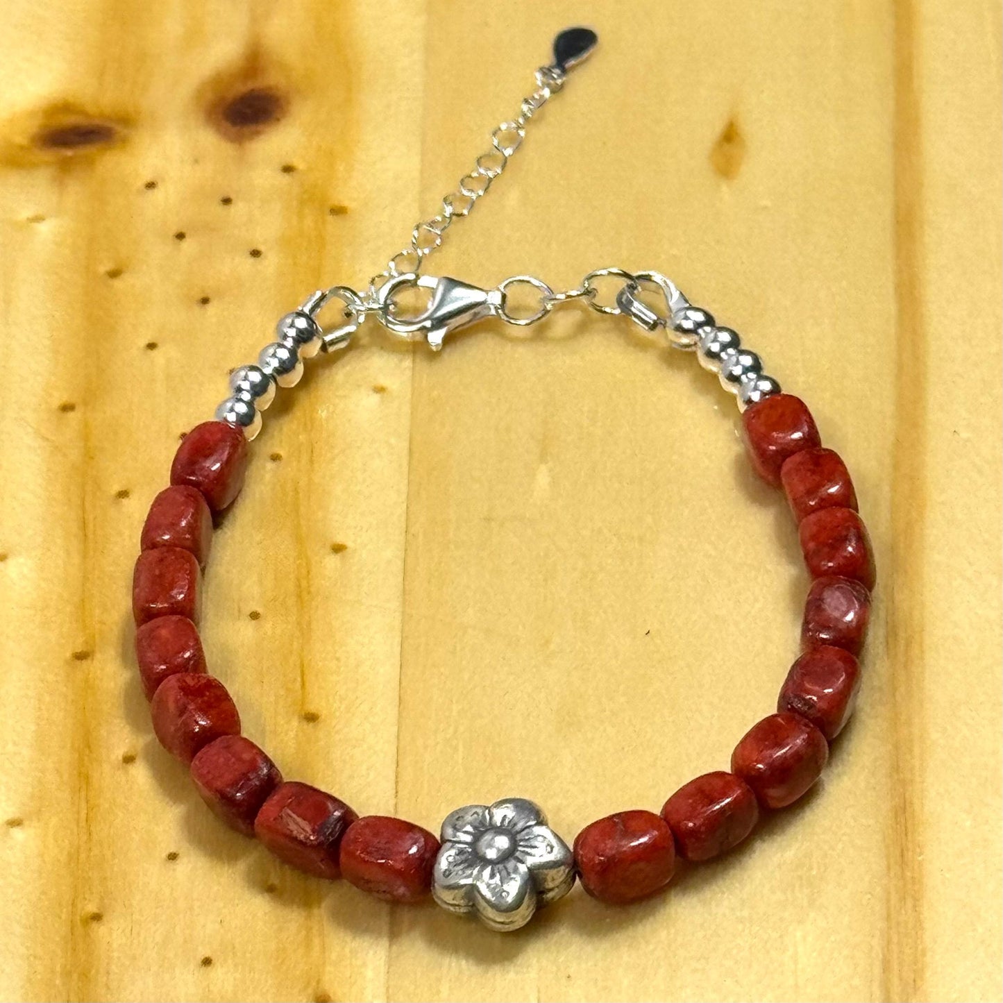 Handcrafted 925 Sterling Silver Bracelet – Natural Apple Coral, Karen Hill Tribe Sterling Silver Floral Centerpiece, Extender Chain 6.5”- 8”