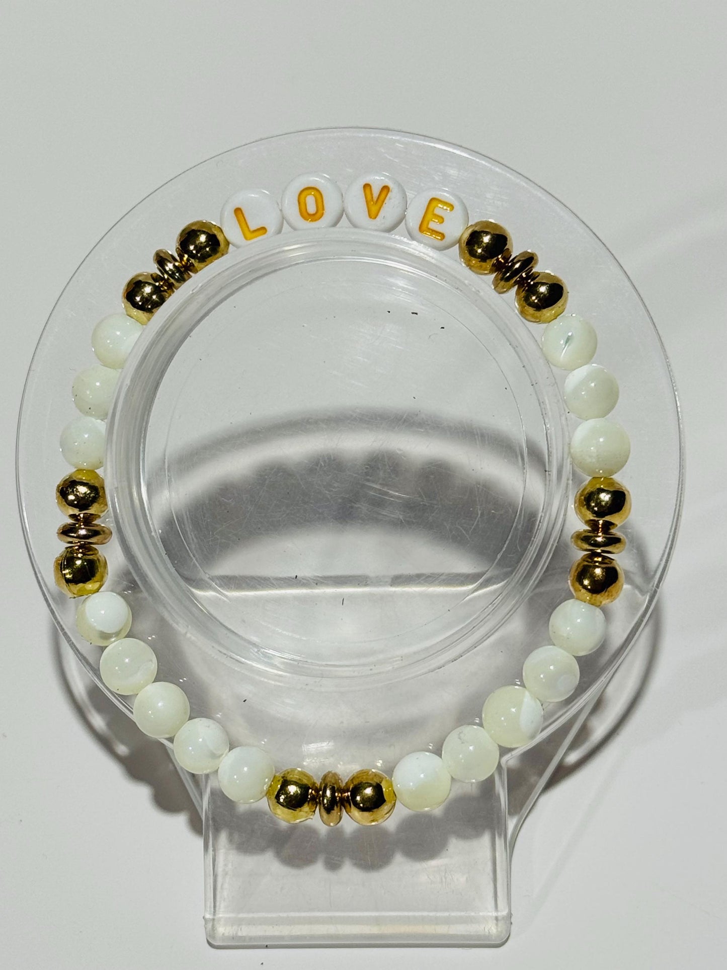 Love Charm Stretch Bracelet, Mother of Pearl Bracelet, Boho, Stacking, Prosperity Intuition Imagination Handmade Beaded Holiday Gift 7”