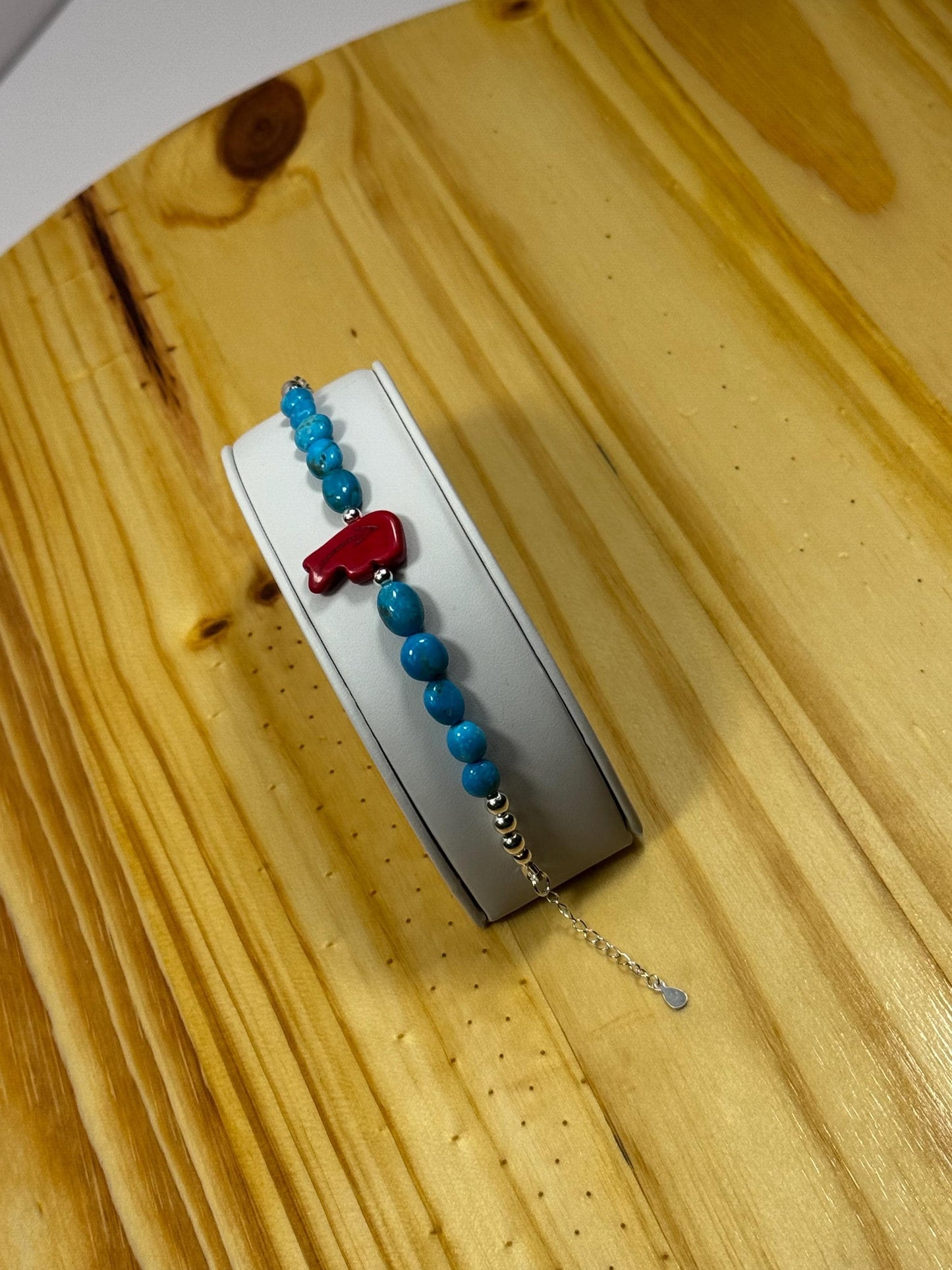Handcrafted 925 Sterling Silver Bracelet – Apple Coral, Howlite-Turquoise Double Carved Stone Bear, Adjustable, Extender Chain 6.25” - 7.5”