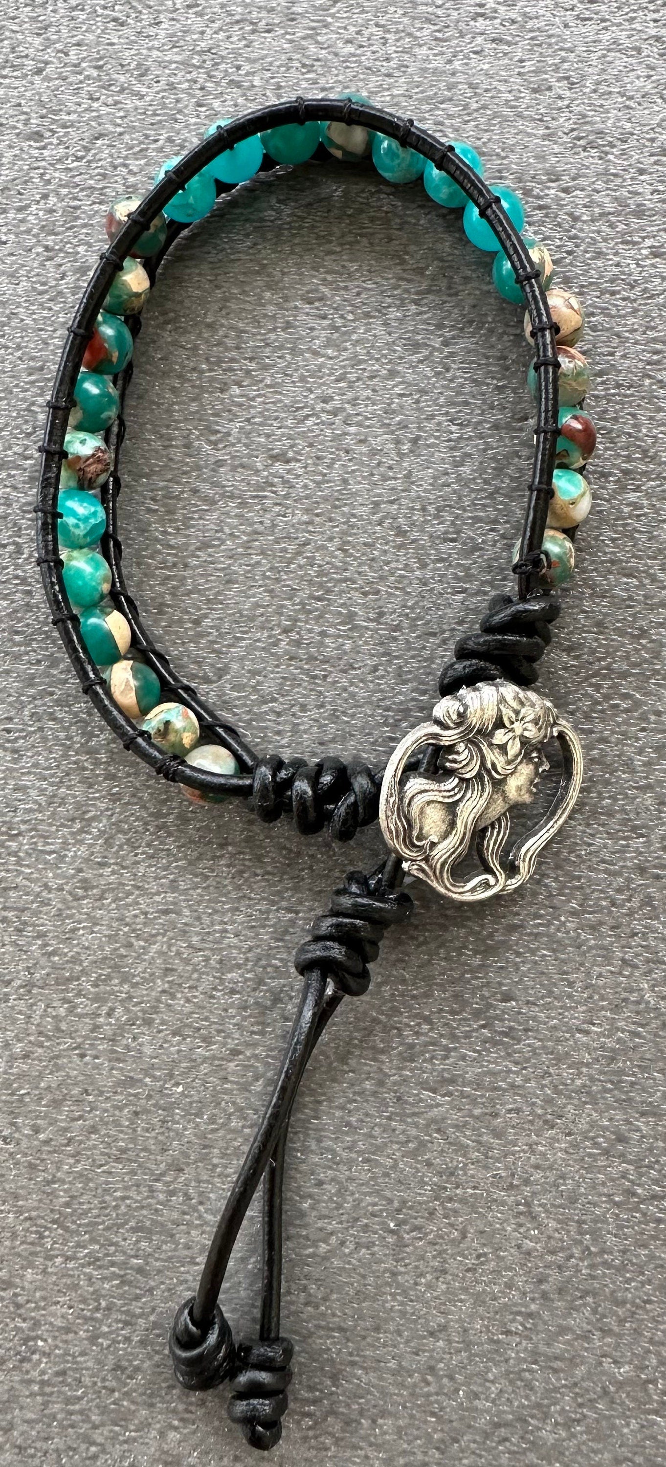 Peace, Tranquility, Spiritual Growth, Strength, Healing, Root & Heart Chakras, Imperial Jasper Leather Bracelet, Button Closure, 7” - 7.5”